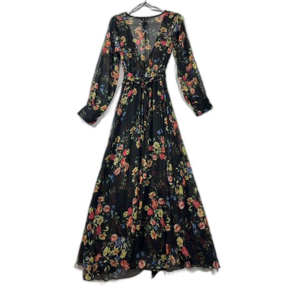 Floral Maxi Dress Medium Black Sheer V-Neck Boho Whimsical Romantic Sexy - Picture 2 of 11